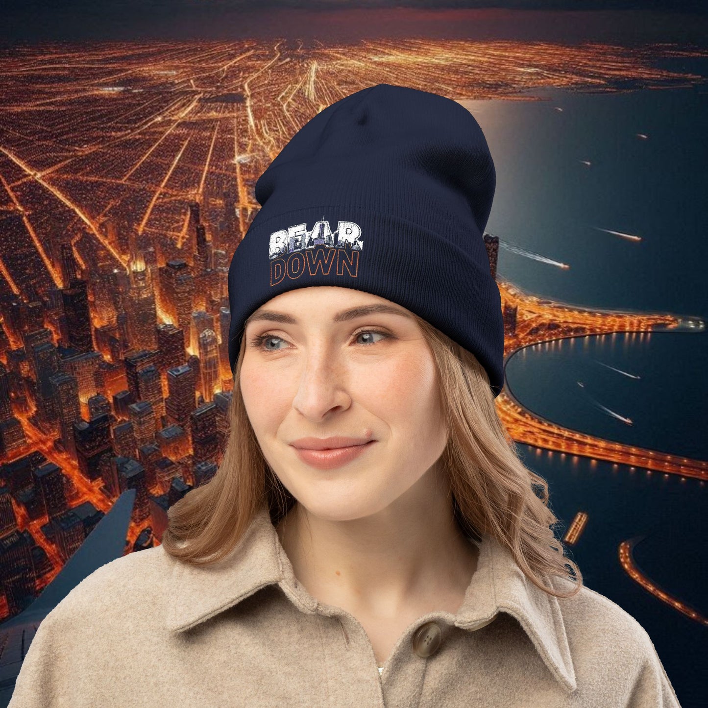 Bear Down Beanie Hat, Cozy Winter Hat, Gamedays in Chicago, Winter Knit Beanie