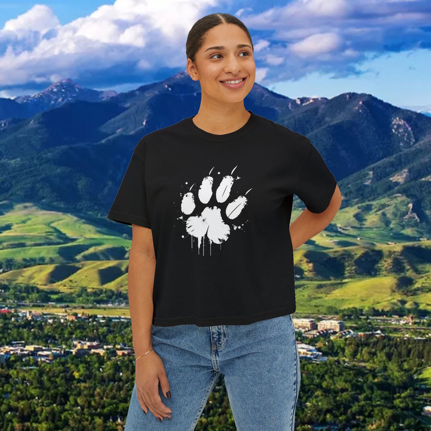 Women's Boxy Tee with Black Paw Print — Casual Cat Paw Print Graphic Shirt