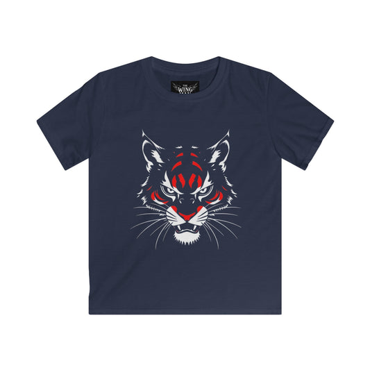 Kids Wildcat Face T‑Shirt — Fierce Red & White Graphic Tee for Boys & Girls, Perfect for Games